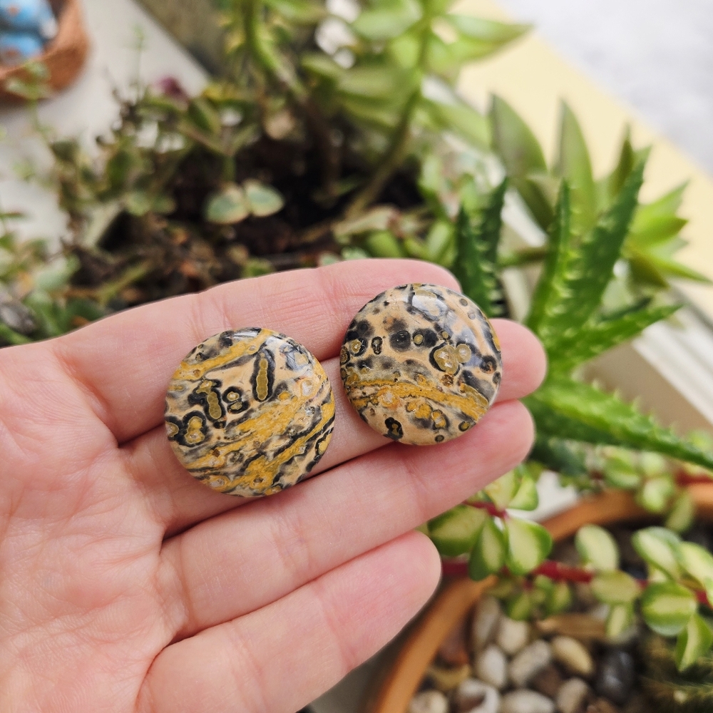 Vintage Leopard Skin Jasper Oversized Studs Chunky Stone Stud Earrings - Picture 8 of 9